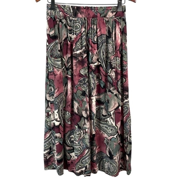 VINTAGE 80s Paisley Floral Print Midi Skirt Hunter Green Dusty Rose Rayon L - Picture 2 of 9